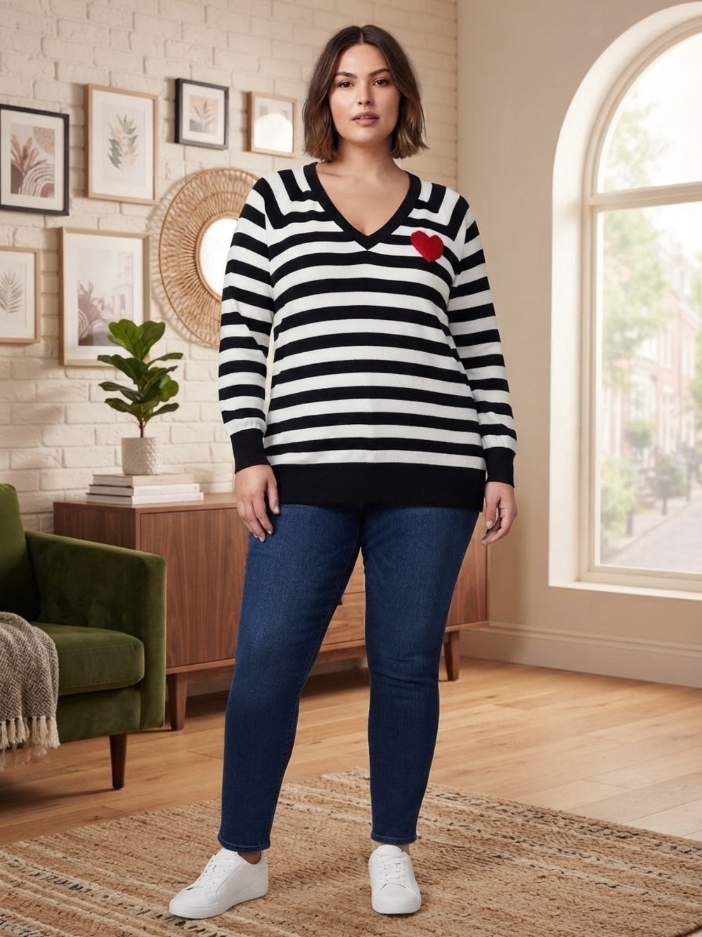 torrid Black & White Striped V-Neck Sweater with Red Heart Accent